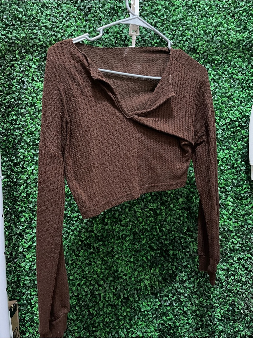 Brown Waffle Knit Long Sleeve Crop Top - Women